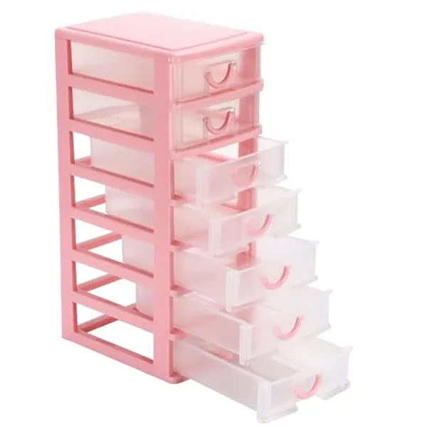 Rempry Mini Plastic Organizer with 7 Clear Drawers, 7.1"x5.1"x13.2" Small Storage Drawers Containers for Desk, Counters, Cabinets, Pink