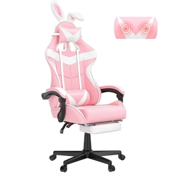 Soontrans Pink Gaming Chair with Footrest,Lovely Bunny Computer Gamer Chair,Gamer Desk Chair for Granddaughter,Sister,Girlfriend,Wife and Love (Pink)