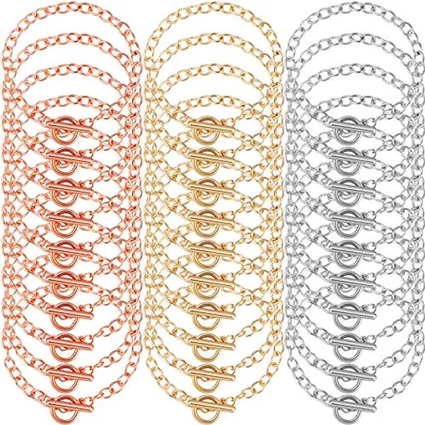30 Pieces Bracelet Chains with OT Toggle Clasp Bracelet Link Chains DIY Jewelry Making Bracelets Chains Round Link Chain Bracelets for Girlfriend Wife Lover Mother (Gold, Silver, Rose Gold)