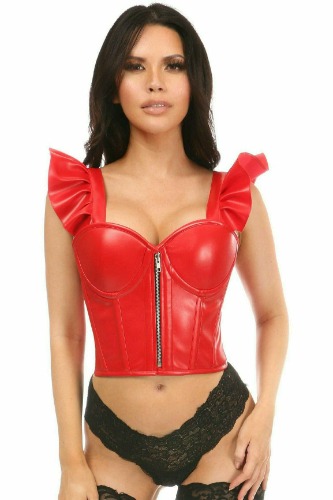 Lavish Red Faux Leather Bustier Top w/Ruffle Sleeves - Large / As Shown