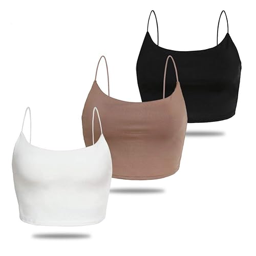 Amilia Women's Basic Solid Cami Spaghetti Double Layer Crop Tank Top - Medium - Black&white&light Brown
