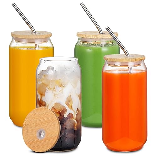 DESIYUE 4PCS Glass Cups with Lids and Straws,16OZ Beer Can Shaped Drinking Glasses Set, Iced Coffee Glasses with Bamboo Lids and Stainless Steel Straws, Glass Can Coffee Cups, Drinking Glassware Set - Bamboo Lids-16oz