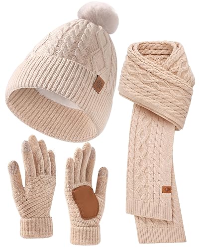 Womens Winter Hat Scarf Gloves Set - Pom Pom Knit Beanie, Long Scarf, and Touchscreen Gloves, Winter Gift for Men and Women - Apricot