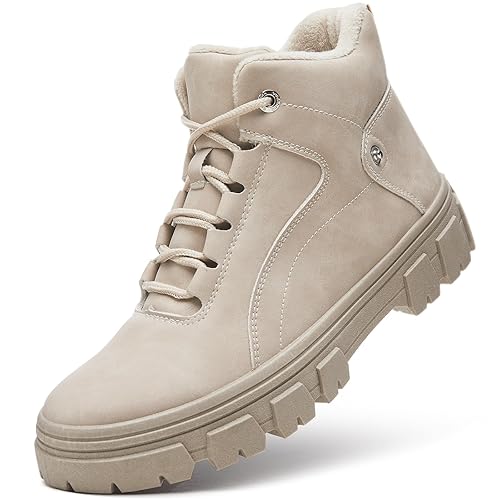 ZGR Womens Ankle Combat Snow Boots,Black Lace Up Waterproof Hiking Boots For Women,Winter Fur Lined Boots With Side Zipper - 9 - Apricot