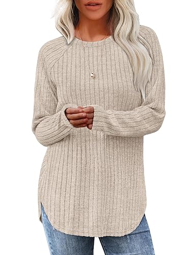 Saloogoe Long Sleeve Shirts for Women Tunic Tops for Women Loose Fit Dressy Crew Neck Pullover Basic Sweaters for Women 2024 - Apricot - Medium