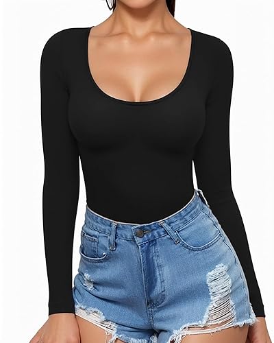 MANGOPOP Womens Scoop Neck Long Sleeve Slim Fit T Shirt Tunic Tops Tee - Black - Medium