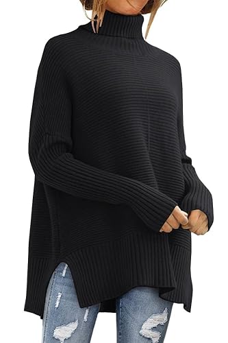 LILLUSORY Women's Oversized Turtleneck Sweaters Fall Batwing Sleeve Ribbed Tunic Sweater - Medium - Black