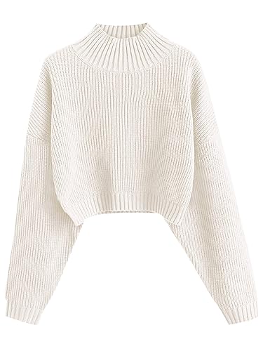 ZAFUL Women's Cropped Turtleneck Sweater Lantern Sleeve Ribbed Knit Pullover Sweater Jumper - Medium - 0-white