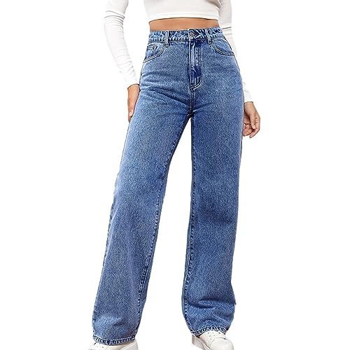 Women Jeans High Waisted Wide Leg Boyfriend Distressed Straight Casual Baggy Loose Fit Y2K Trendy Denim Pants - A1-blue - XX-Large