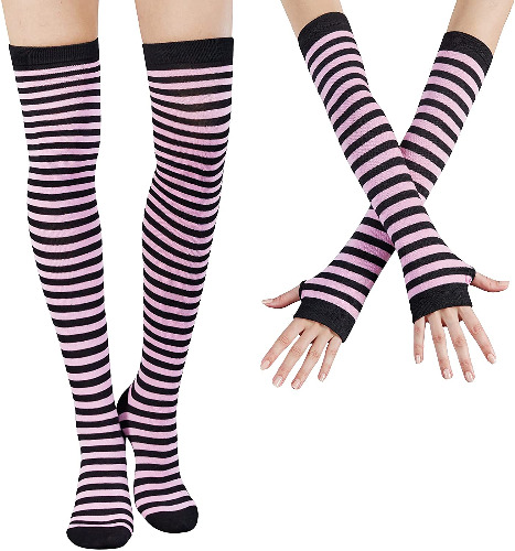 DRESHOW Extra Long High Thigh Socks Striped Over Knee Thin Tights Long Stocking - 1 Set: Pink a