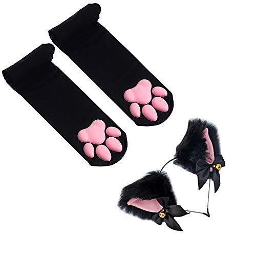 ztowoto Chaussettes Cuissardes, Rose 3D Chaton Griffe Bas Mignon Chat Paw Pad Chaussettes pour Filles Femmes Chat Cosplay - Noir