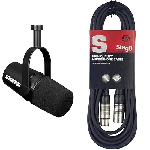 Shure MV7X XLR Podcast Microphone pour Le Podcasting, l'enregistrement, la Diffusion en Direct et Les Jeux & Stagg Câble Microphone de Haute qualité XLR vers Prise XLR, 6 m, Noir - + 6 m Câble Microphone XLR
