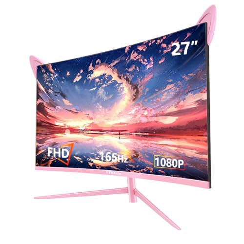 FYHXele 27 inch Gaming Monitor, 1800R Curved Gaming Monitor, FHD-1920X1080P, 165Hz, 1ms, FreeSync/G-Sync, Ultrawide PC Monitor, HDMI/DisplayPort/USB Vesa/Wall Mount Computer Monitor-Pink - 27" Curved FHD 1080P 165Hz