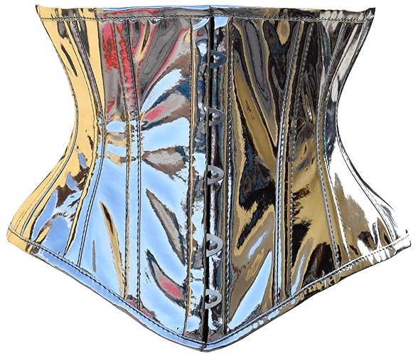 Steel Boned Shiny Holographic & Metallic PVC Corsets Underbust Glamorous Heavy Duty Waist Training Waspie Corsets - Large - Silver Underbust