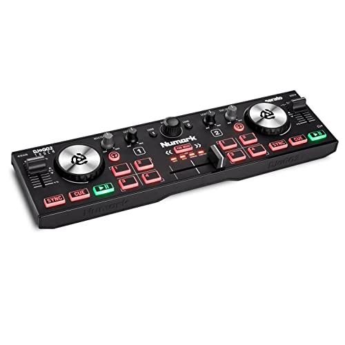 Numark DJ2GO2 Touch – Compact 2 Deck USB DJ Controller with Mixer / Crossfader, Audio Interface and Touch Capacitive Jog Wheels - DJ Controller