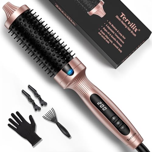 Terviiix Thermal Brush, 38 mm Heiße Bürste für lockeres & voluminöses Haar, Keramik-Turmalin-Ionen-Lockenstabbürste Thermobürste, Digitalanzeige 5 Temperaturen Hot Brush, Dual-Spannung - 38 mm, Rosa