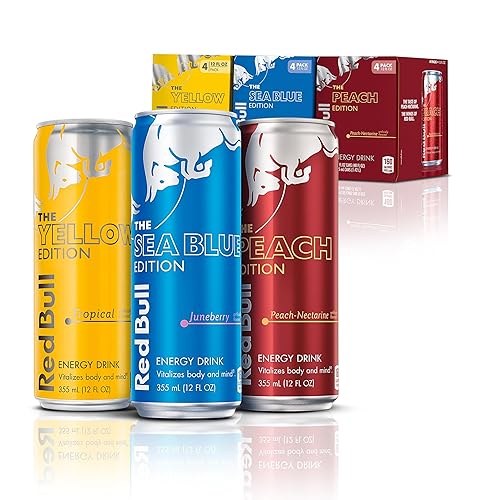 Bundle of Red Bull Energy Drink, The Yellow Edition, 12 Fl oz (4 Pack) + Red Bull Sea Blue Edition Energy Drink, 12 Fl Oz, 4 Cans + Red Bull Peach Edition Energy Drink, 12 Fl Oz, 4 Cans - Variety (Yellow, Sea Blue, Peach) - 12 oz., 12 PK