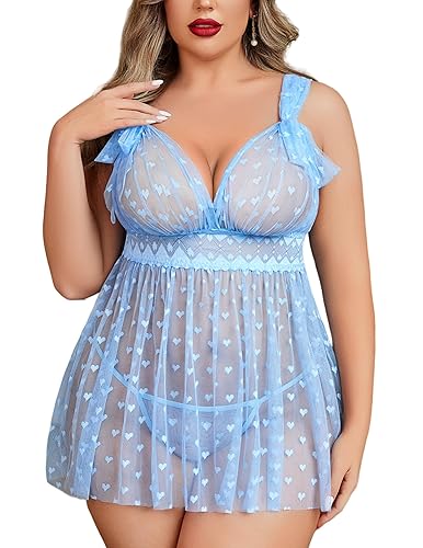 Avidlove Plus Size Babydoll Lingeire for women Lace Nightwear Strap Chemise Sheer Nightie with Lace Up Bows L-4XL - Blue - XX-Large