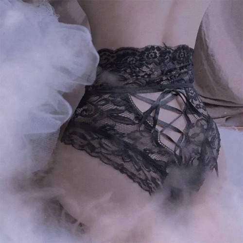 Lacy Corset Back Panties with Silk Ribbon in Plus Sizes - Black / XXL