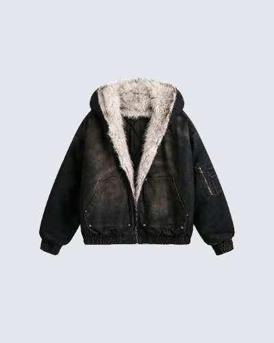 (Best Seller) Vintage Distressed Sherpa-Lined Hooded Jacket | Vintage / L