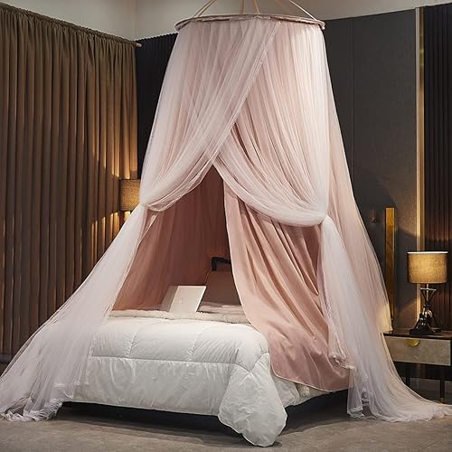 Kertnic Luxurious Bed Canopy for Girls & Adults, Large Elegant Double Layer Bed Curtain Canopy Drapes, Round Dome Lace Princess Canopies Netting (Pink) - Pink