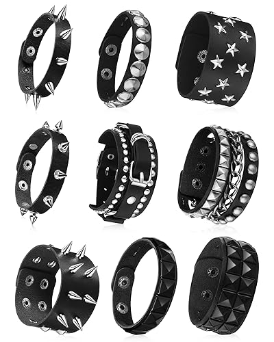 Hicarer 9 Pieces Spiked Studded Bracelet Black Leather Rivet Punk Bracelet Cuff Wrap Bangle Snap Button Metal Wristband for Men Women - Trendy Style