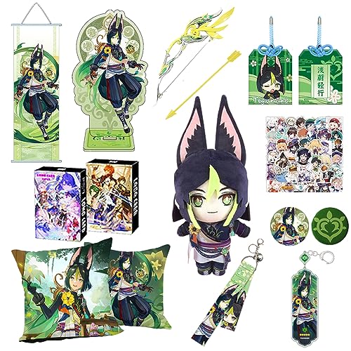 Genshin Merch Box - Including Doll,Pillowcase,Hanging Pictur,Stand,Amulet,Keychain,Pendant,2 Brooch,30 Lomo Card,50 Sticker(Tighnari)
