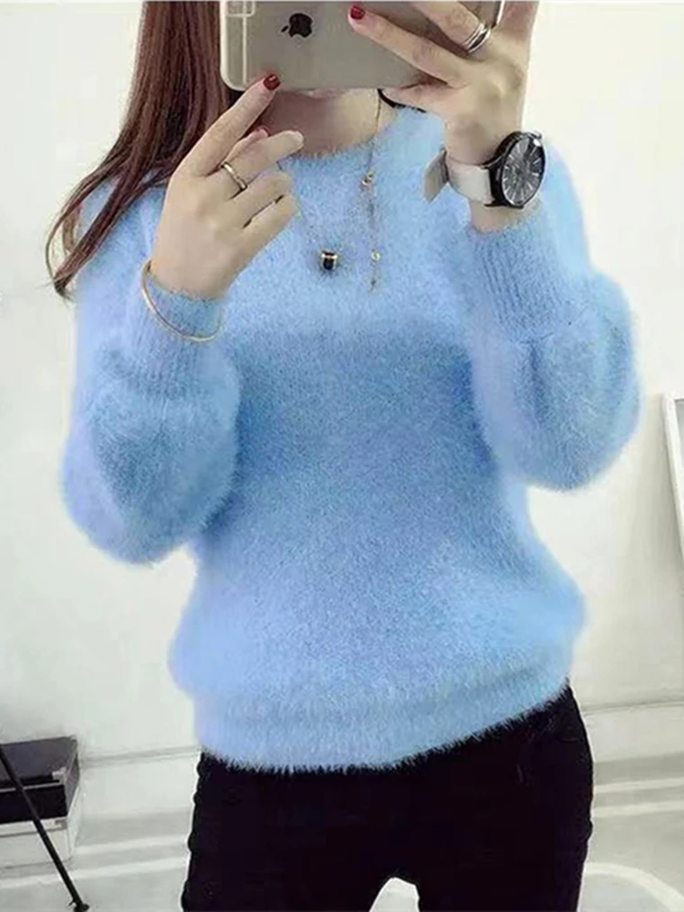 Winter Imitate Mink Wool Hot Fleecing Female O neck Long Puff Sleeve  Elastic Casual Sweater Women Knitted Tops Pullovers Solid| |   - AliExpress