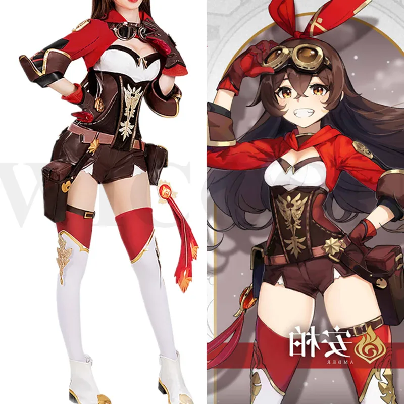 Game Genshin Impact Amber Cosplay Costume Amber Cosplay Costume Women Red Comtume Halloween Top Pant Uniform Full Set - Cosplay Costumes - AliExpress