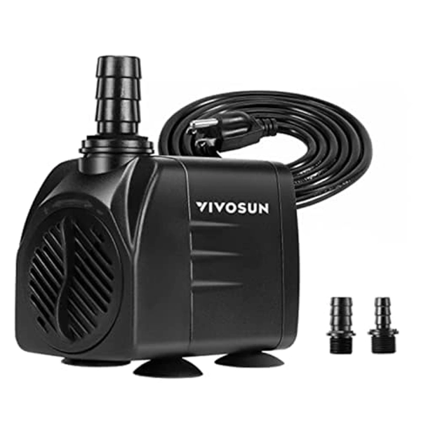 VIVOSUN 480GPH Submersible Pump(1800L/H, 25W), Ultra Quiet Water Pump with 7.2ft High Lift, Fountain Pump with 5ft Power Cord, 3 Nozzles for Fish Tank, Aquarium, Statuary, Hydroponics Black
