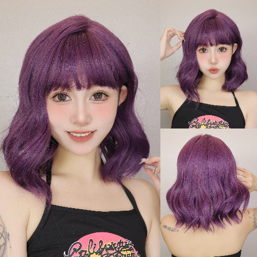 Wavy Bob Short Wigs for Women Purple Colorful Cosplay Wigs with Bangs Natural Looking Daily Party Synthetic Hair Heat Resistant - AliExpress 