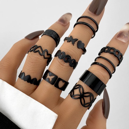 11pcs/ Black Goth Ring Set - Black