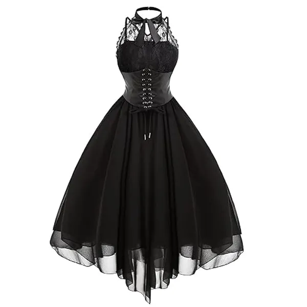 Women's Sleeveless Gothic Dress with Corset Halter Lace Swing Cocktail Dress Formal Halloween Punk Hippie Dresses - X-Large - Black