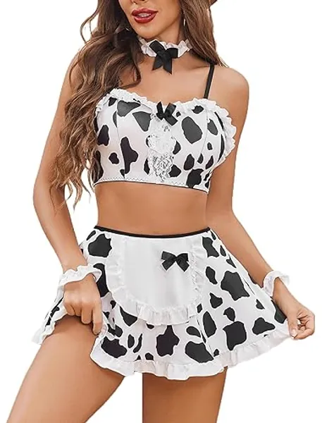 Avidlove Lingerie Set for Women Ruffle French Maid Outfit with Headpiece Halloween Cosplay Lingerie Set 6 Pack Maid Costume - Cow Print - X-Large