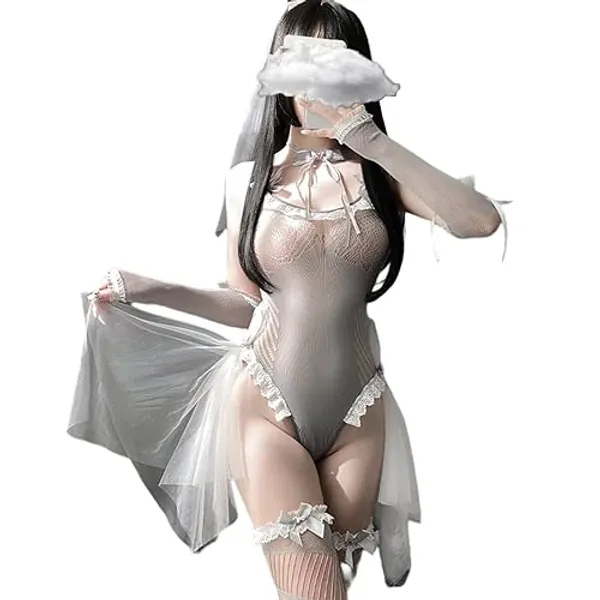 QNCLO Women's sexy cosplay anime lingerie fishing net cat rabbit girl maid jumpsuit - Grey1