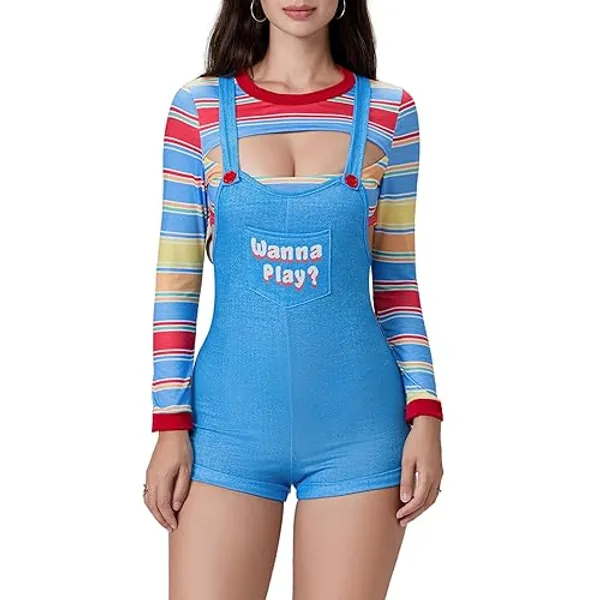 SOLILOQUY Halloween Costumes for Women Scary Nightmare Killer Doll Movie Wanna Play Print Sexy Bodysuit Jumpsuit Costume - Large - Blue