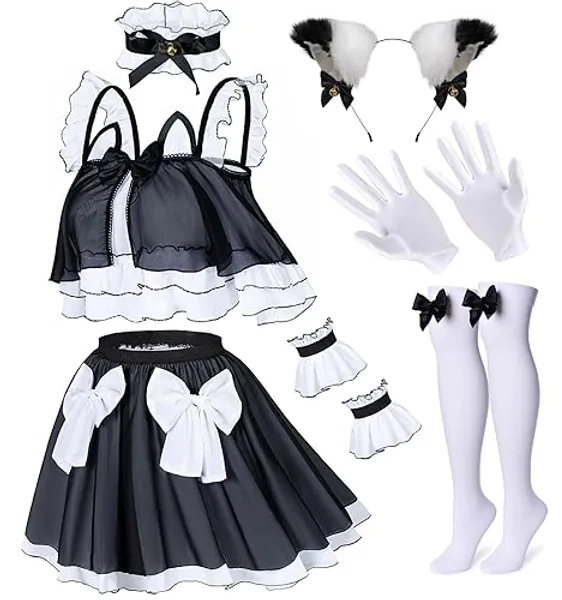 Wannsee Women's Anime Crop-Top Maid Fancy Princess Skirt Cosplay Costume Furry Cat Ear Gloves Socks Set - X-Large - Black