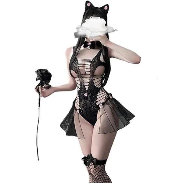 QNCLO Women's sexy cosplay anime lingerie fishing net cat rabbit girl maid jumpsuit - Black1
