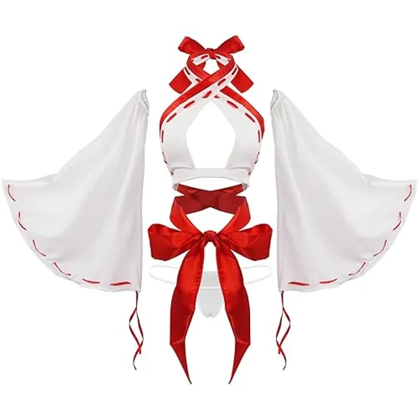 paloli Women Japanese Anime Miko Cosplay Outfit, Red And White Kimono Bra And Panty Set Witch Cosplay Costume