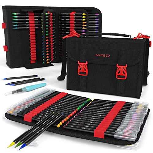 Arteza Real Brush Pens, 96 Colors, Flexible Nylon Tips, Coloring Markers in 108-Slot Organizer Case, Art Supplies for Watercolor Painting, Sketching, Lettering, and Calligraphy - 96 Colors with case