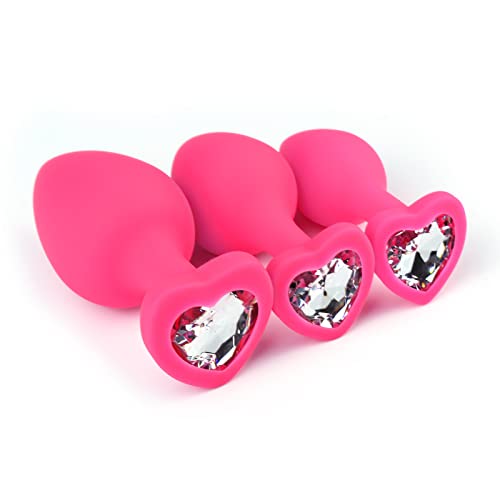 Lock Love 3Pcs Set Luxury Silicone Butt Toys Heart Shaped Anal Trainer Jewel Butt Plug Kit S&M Adult Gay Anal Plugs Woman Men Sex Gifts Things for Beginners Couples Large/Medium/Small (Pink) - Pink