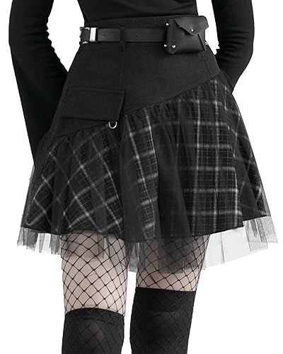 PUNK RAVE DAILY Women Gothic Skirts Women Goth Mini Plaid Skirt with Tulle Punk Dunk High Waist A-Line Party Skirt - Large - Black