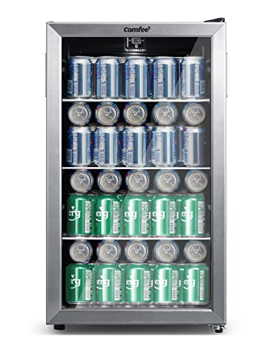 COMFEE' CRV115TAST Cooler, 115 Cans Beverage Refrigerator, Adjustable Thermostat, Glass Door With Stainless Steel Frame, Reversible Hinge Door And Legs For Home, Apartment - 115 Cans - Refrigerator