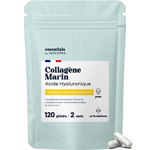 Collagène Marin + Acide Hyaluronique, Peau Hydratée et Articulations Fortes, Cure de 2 mois, 120 Gélules, Collagene Hydrolysé Type 1 Naticol®, Avec Vitamine C, Fabriqué en France, by Novoma - 120 unité (Lot de 1)