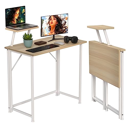 Table de Bureau Pliante,Bureau Pliant pour Petits Espaces Table d'Ordinateur Portables avec Support écran Bureau d'Ordinateur Pliable Bureau Informatique Pliable pour Travailler (Couleur du bois) - Couleur du Bois