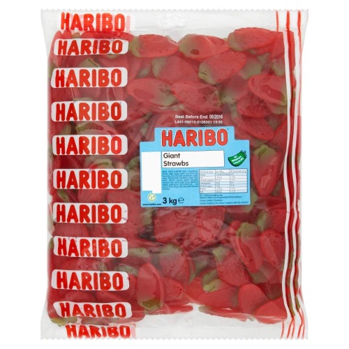 HARIBO Giant Strawbs 3kg bulk bag vegetarian sweets, (Pack of 1)