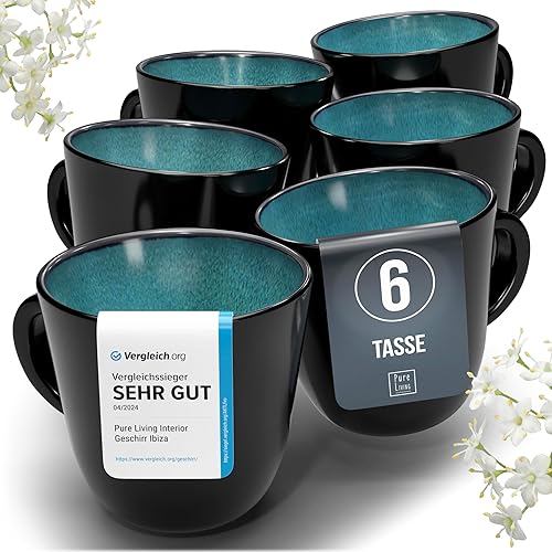 Steingut Kaffeetassen 6 Pers. Ibiza Hochwertiges Mediterranes TEST SEHR GUT Tassen Set, Spülmaschinen-, Mikrowellen- und Kratzfest - Stylisches Tee- und Kaffeebecher Set - Pure Living in Petrol - Petrol - Becher (6x)