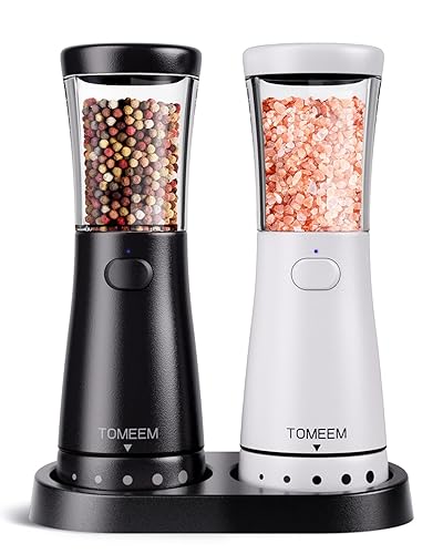 Salz und Pfeffermühlen elektrisch 2er Set aus Edelstahl (Wiederaufladbar, LED Beleuchtung, mit einstellbarem Keramikmahlwerk, Reinigungsbürste Bürste) Gewürzmühle elektrisch, Black/White - Black And White