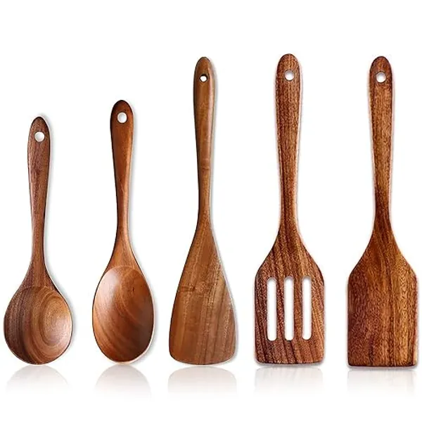 5 Stück Pfannenwender Holz Mit Loch Küchenutensilien Set Holzlöffel Kochen Besteckhalter Kuechenhelfer Set Suppenlöffel Groß Pfannenwender Salatbesteck Olivenholz Kochlöffel Geschenke Kochutensilien - 5 X Utensilien