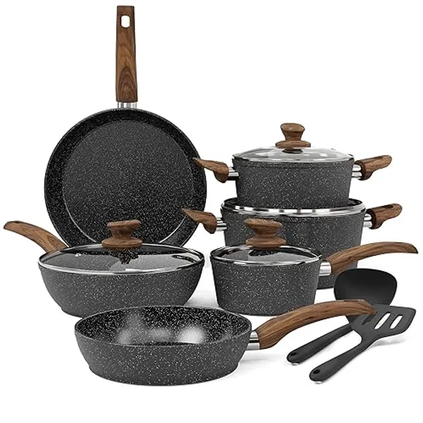 Kitchen Academy Induktion Töpfe Set - 12-teilige Schwarze Granit Kochtöpfe Set,Antihaft Topfset und Pfannen Set,PFOA & PFOS-freie - Schwarz